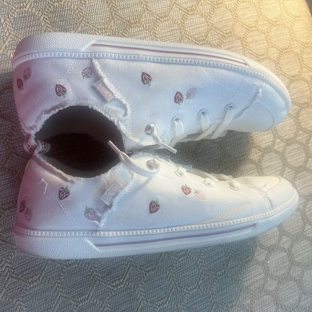 BOBS by Skechers White Strawberry Embroidered Distressed Canvas Sneakers 10 - Picture 9 of 9